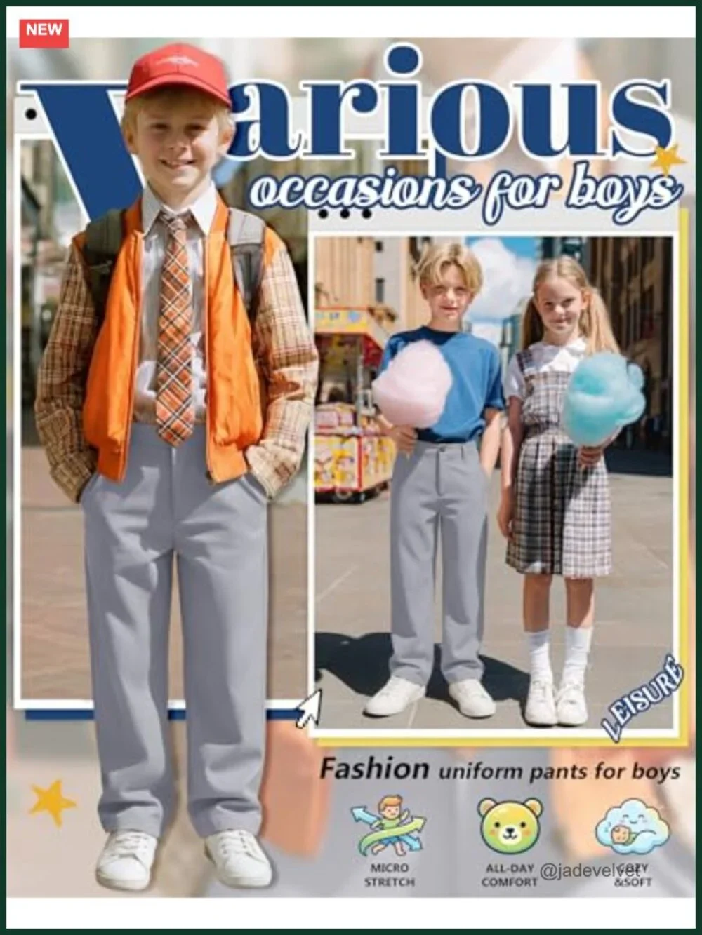 Cotton Twill School Uniform Pants with Back Elastic Waist and Pockets